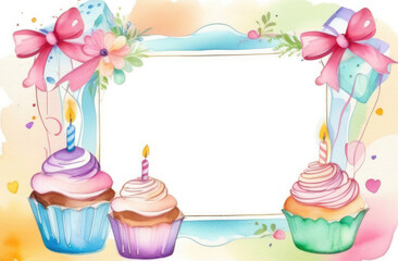 Birthday greeting card with cupcakes and candles. Watercolor illustration.