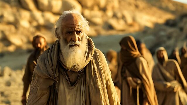 A prophet walking through the desert, followed by his disciples