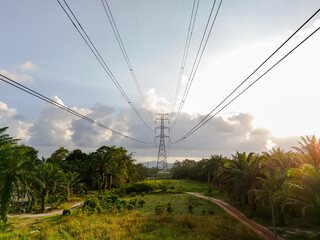 High voltage. high voltage pole and the view of the evening, sunrise, natural. High-angle, top-angle photography. Photography for industrial use, electrical power systems.