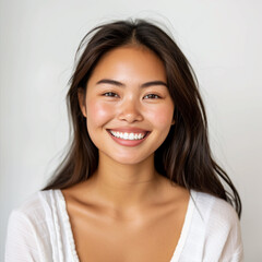 Close-up portrait of yong woman casual portrait in positive view, big smile, beautiful model posing in studio over white background. Caucasian Asian portrait woman. ai technology