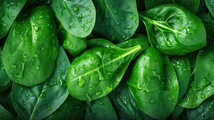 Top view on fresh organic spinach leaves, water drops, full area. Healthy green food 