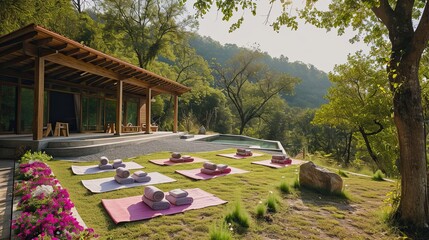 A peaceful yoga studio with natural light and plants.