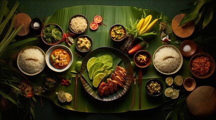 Top-down view Variety of authentic thai traditional meal set - obrazy, fototapety, plakaty
