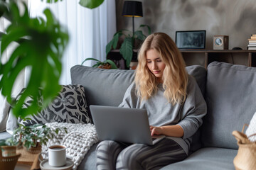 Mujer freelance trabajando con su laptop y una taza de cafe desde el living de su casa. Generativo IA - obrazy, fototapety, plakaty