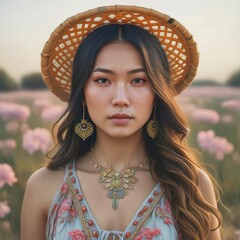 Close up portrait of pretty asian woman, boho style outfit and , make up