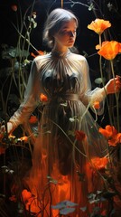 Vertical photo of girl ghost in see threw dress with bright light and flowers. Abstract silhouette.