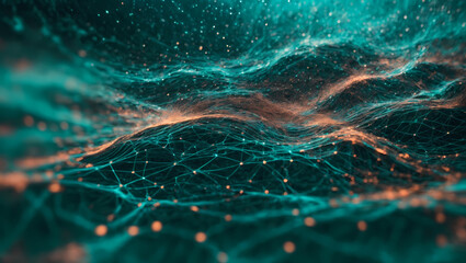 Abstract turbulence teal technology background resembling a cyber network grid, connected particles, and artificial neurons, expressing a sense of dynamic and turbulent tech energy.