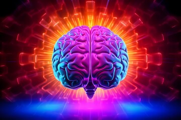 Cognitive Burst. Glowing Human Brain. Dark Neon Background. Artificial Intelligence. AI Generated