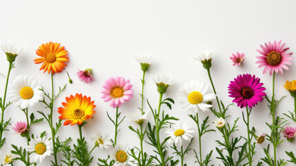 A charming border of vibrant spring daisies against a pristine white background