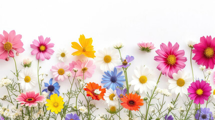 A charming border of vibrant spring daisies against a pristine white background