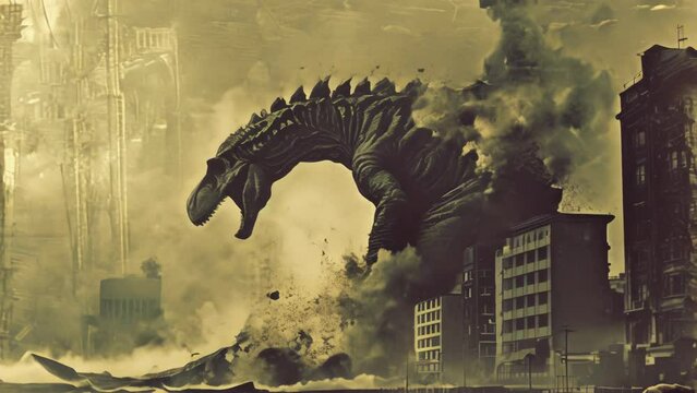 Mystic dinosaur in a fantasy video destroying a metropolis 