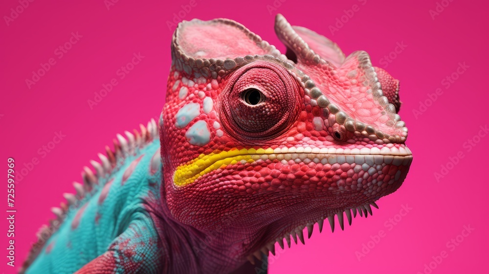 Poster close-up of a beautiful multicolored chameleon on a pink background.