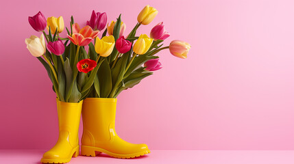 Tulip flowers bouquet in yellow rubber boots. 