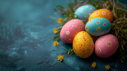 Happy Easter greeting Card with copy space. Colorful easter eggs with spring flowers on dark blue background. Generative AI