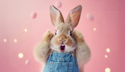 Surprised shocked rabbit with paws near his head in overalls on a pink background.   AI Generative