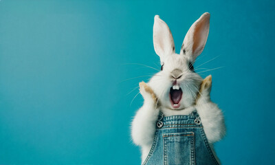 Surprised shocked bunny with Easter egg on blue background.   AI Generative - obrazy, fototapety, plakaty