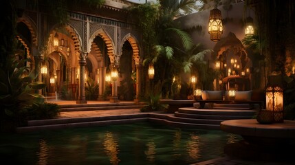 Fountains in the courtyard of the mosque at night. Ramadan Kareem.