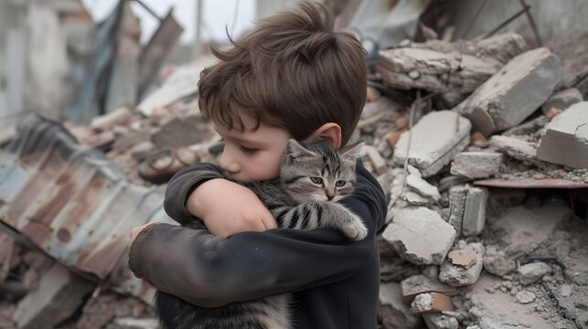 a small Ukrainian boy clutches a rescued kitten from the ruins of an exploded house to his chest
