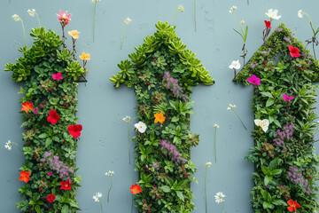 Fototapeta na wymiar Vertical Garden Arrows, Lush Green Walls with Blooming Flowers Pointing Upward