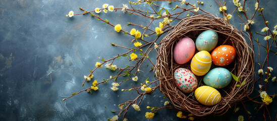 Colorful easter eggs in nest with spring blooming branches on rustic wooden background. Top view...