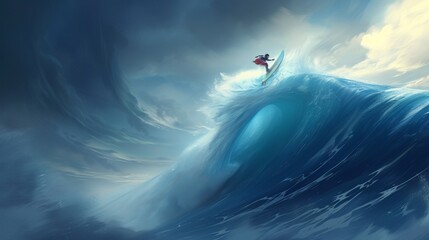 Surfer riding massive blue ocean wave   extreme sports and active lifestyle concept