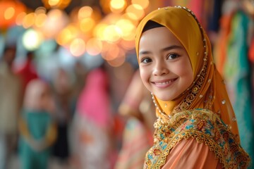 Fototapeta premium portrait of cute muslim girl facing right with lights illuminating