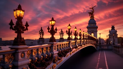 Alexandre III Bridge at amazing sunset - Paris, France 