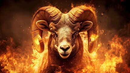Aries zodiac symbol with fiery ram, dynamic flames, and pioneering energy captured in image