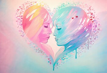 A silhouette of people in soft colors about to kiss, in the shape of a heart. Rough strokes and splotches of paint.