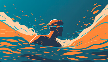 Illustration of man snorkeling in the ocean. Man swimming on vacation. Snorkeling in the summer. - obrazy, fototapety, plakaty