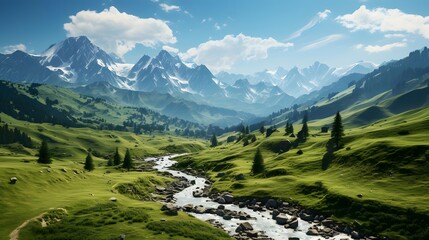 Mountain landscape panoramic view of alpine meadow and river - obrazy, fototapety, plakaty