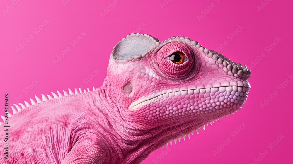 Poster close-up of a beautiful chameleon looking at the camera on a pink background.