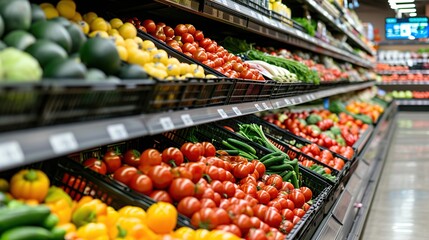 Supermarket shelf with seasonal fruits and vegetables