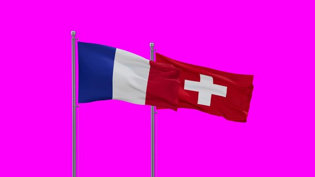 Switzerland and France flag waving with colored chroma key for easy background remove, endless seamless loop, two country cooperation concept