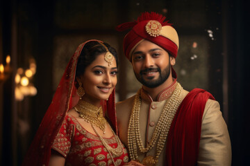 Happy Indian ethnic Bride and Groom wearing traditional costumes and jewellery on their wedding day