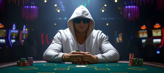 Hooded poker player at casino table, blurred background, night tournament scene, space for text