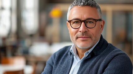 Fototapeta premium Middle aged man in office setting, wearing glasses and grey hair, with copy space for text placement