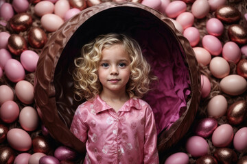 Fototapeta na wymiar portrait of little blonde girl preparing easter party with many chocolate eggs in her pink house