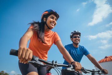  Indian ethnic couple cycling in the outdoor, wearing sports outfits, against a blue sky background