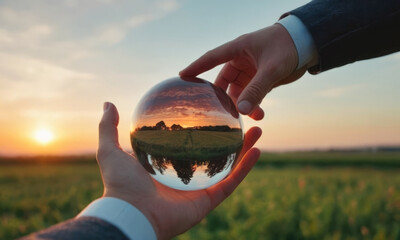 A man in a suit passes a crystal ball in which a green field is reflected.