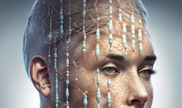 Neuronale Zellen auf einem Kopf - Transhumanismus