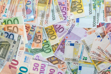 50 100, 200 and 500 euros bills currency banknotes as finance background. European paper money...