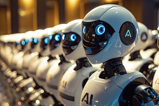 futuristic artificial intelligence humanoid robots with the word AI