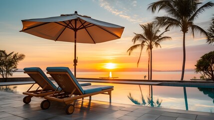 Beautiful luxury umbrella and chair around outdoor swimming pool in hotel and resort with coconut palm tree on sunset or sunrise sky