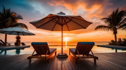 Beautiful luxury umbrella and chair around outdoor swimming pool in hotel and resort with coconut palm tree on sunset or sunrise sky