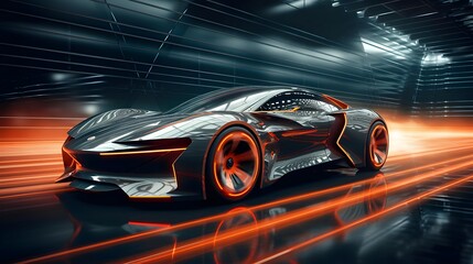 3D rendering of a brand-less generic concept car in a futuristic space