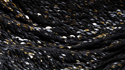 Abstract exquisite background of wrinkled fabric embroidered with black and gold sequins, wave structure