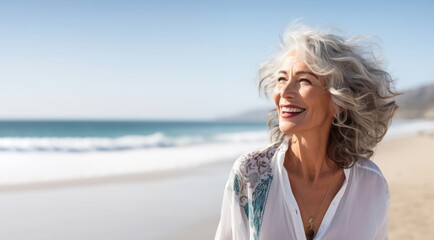 Fototapeta na wymiar Smiling mature woman at the beach, natural lifestyle, enjoying the sunny weather