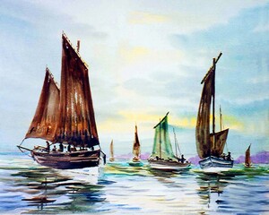 art  watercolor  painting sailboat and  national sport   from thailand	