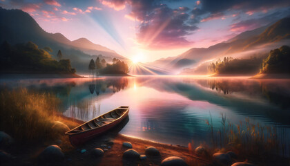 Hyper-realistic image of a serene lakeside at dawn, with sunlight illuminating calm waters and mountains, and a lone canoe on the shore. Mood: peaceful, rejuvenating. Generative AI. - obrazy, fototapety, plakaty